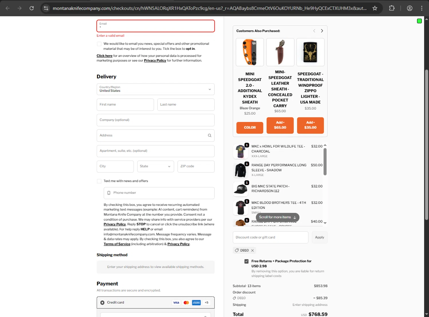 Montana Knife Company discount code screenshot showing code DB10 applied at Montana Knife Company checkout page. Uploaded by SimplyCodes community member 61664350 on Nov 11, 2025