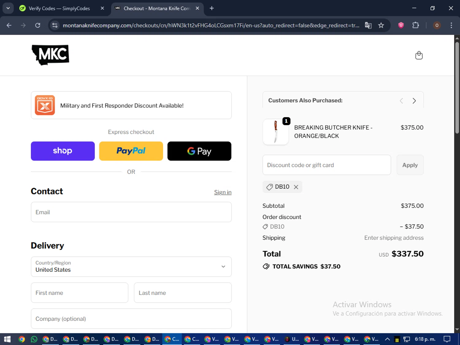 Montana Knife Company discount code screenshot showing code DB10 applied at Montana Knife Company checkout page. Uploaded by SimplyCodes community member LegendaryAdmiral8649 on Oct 4, 2025