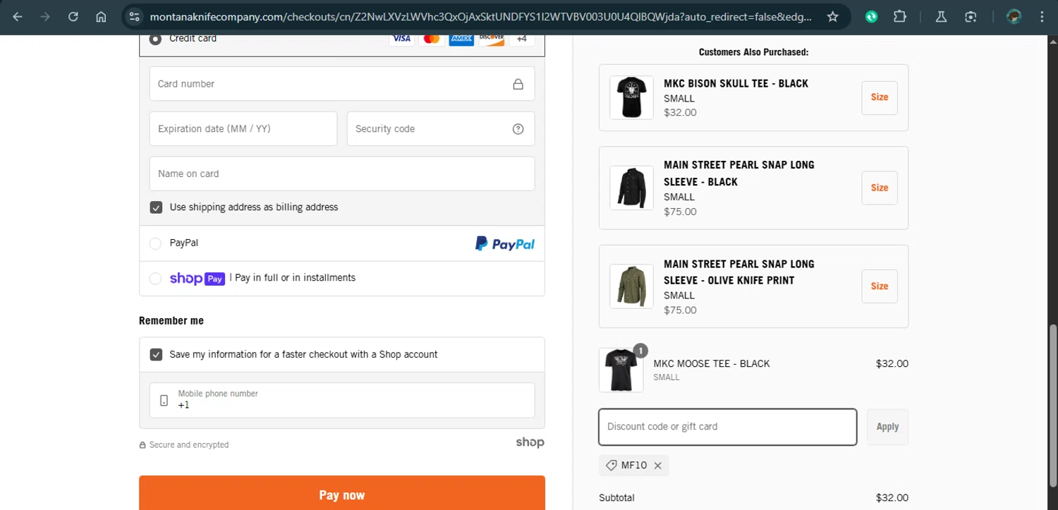 Montana Knife Company discount code screenshot showing code MF10 applied at Montana Knife Company checkout page. Uploaded by SimplyCodes community member MariaCorinaMachado on Feb 11, 2025