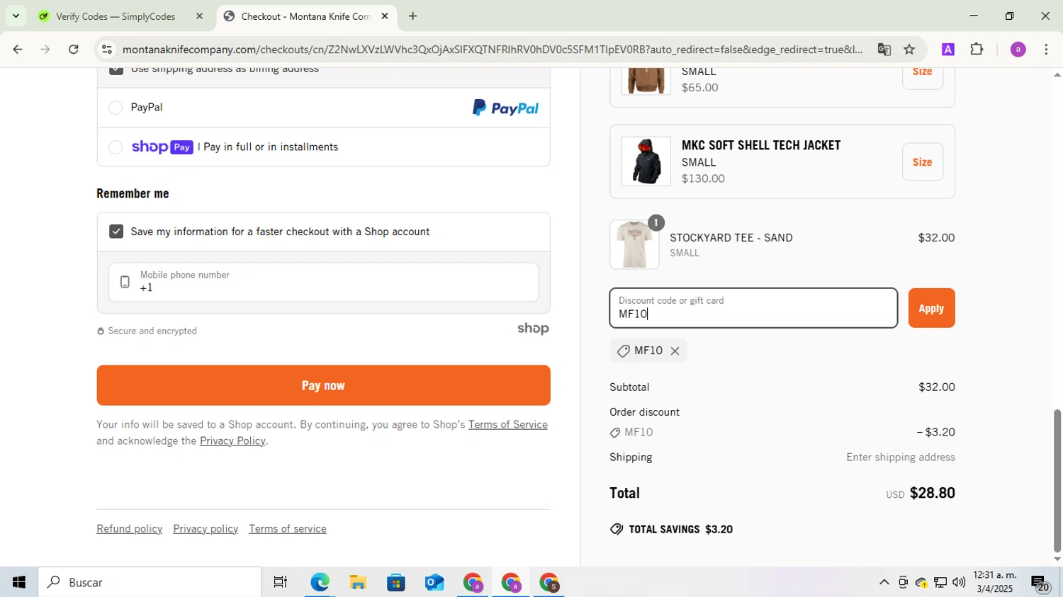Montana Knife Company discount code screenshot showing code MF10 applied at Montana Knife Company checkout page. Uploaded by SimplyCodes community member ExtraordinaryExpert1730 on Apr 2, 2025