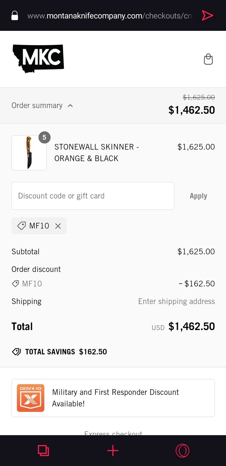 Montana Knife Company discount code screenshot showing code MF10 applied at Montana Knife Company checkout page. Uploaded by SimplyCodes community member ExtraordinaryHunter3076 on Feb 3, 2025