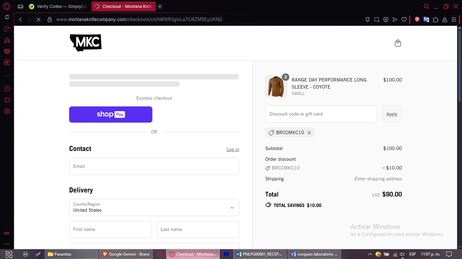 Montana Knife Company discount code screenshot showing code BRCCMKC10 applied at Montana Knife Company checkout page. Uploaded by SimplyCodes community member CleverMaven2889 on Aug 11, 2025