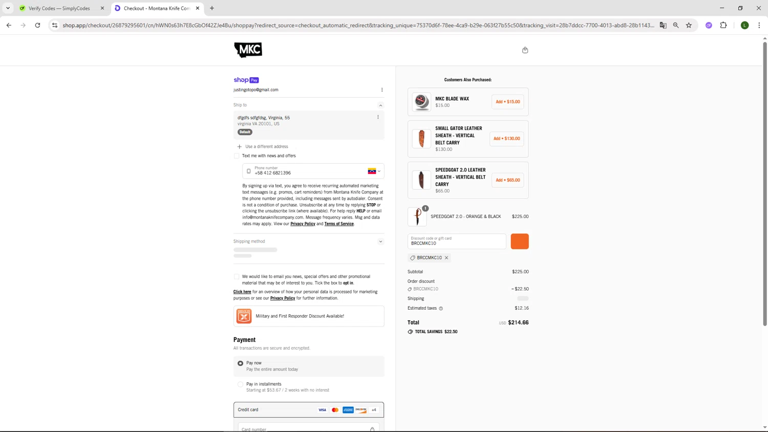 Montana Knife Company discount code screenshot showing code BRCCMKC10 applied at Montana Knife Company checkout page. Uploaded by SimplyCodes community member DUCATI on Jul 21, 2025