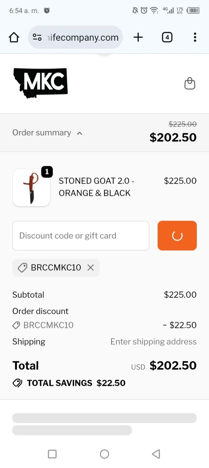 Montana Knife Company discount code screenshot showing code BRCCMKC10 applied at Montana Knife Company checkout page. Uploaded by SimplyCodes community member couponcheck02 on Nov 11, 2025