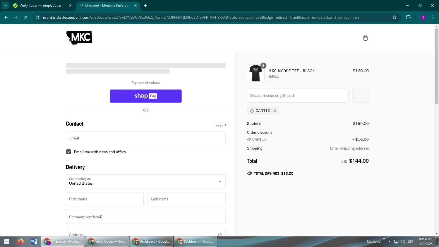 Montana Knife Company discount code screenshot showing code CART10 applied at Montana Knife Company checkout page. Uploaded by SimplyCodes community member ComeBurra123 on Feb 11, 2025