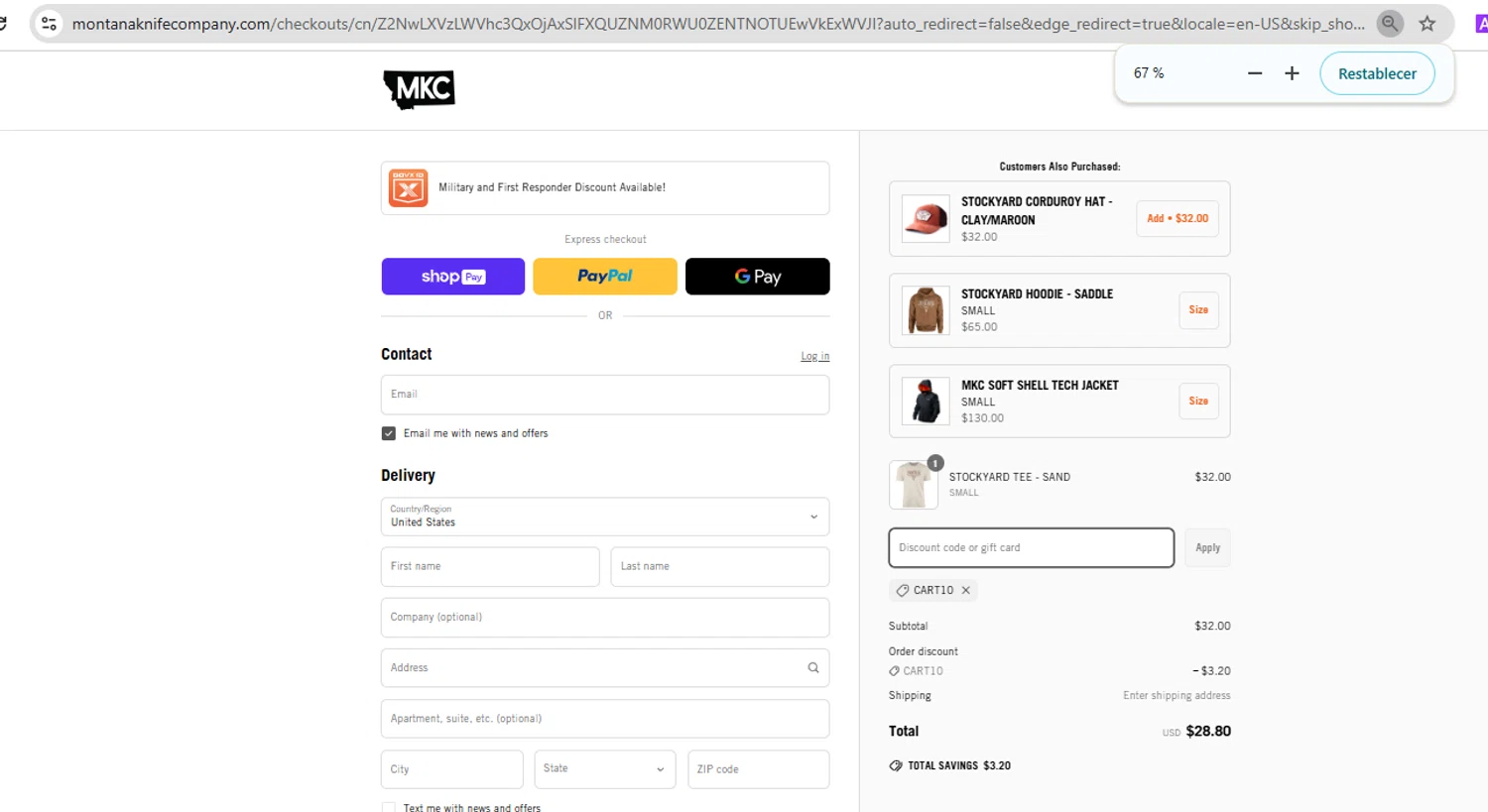 Montana Knife Company discount code screenshot showing code CART10 applied at Montana Knife Company checkout page. Uploaded by SimplyCodes community member YHLQMDLGN on Apr 2, 2025