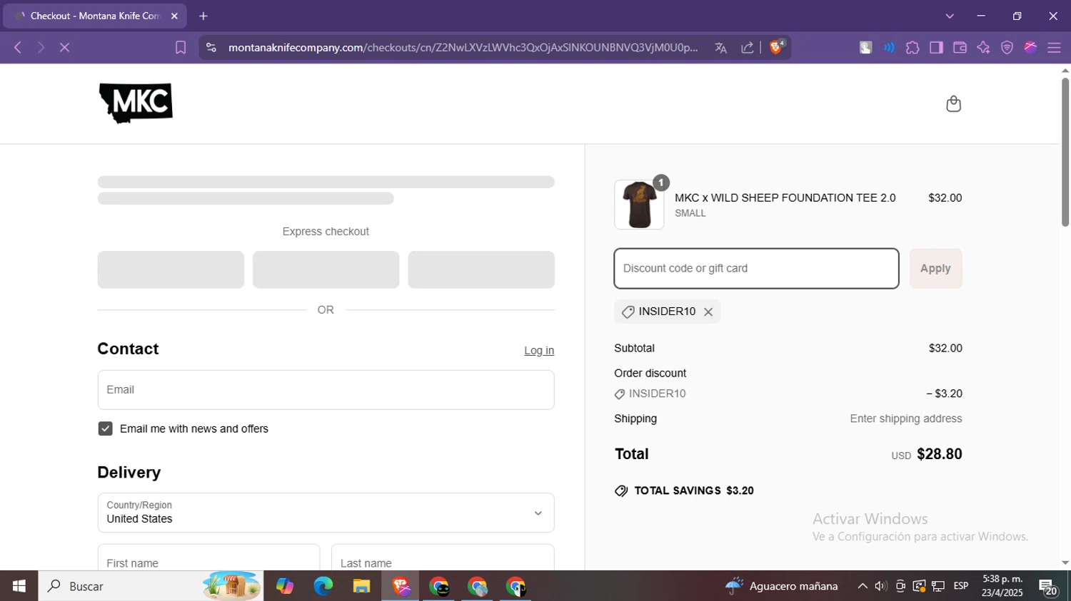 Montana Knife Company discount code screenshot showing code INSIDER10 applied at Montana Knife Company checkout page. Uploaded by SimplyCodes community member CleverSage9163 on Apr 23, 2025