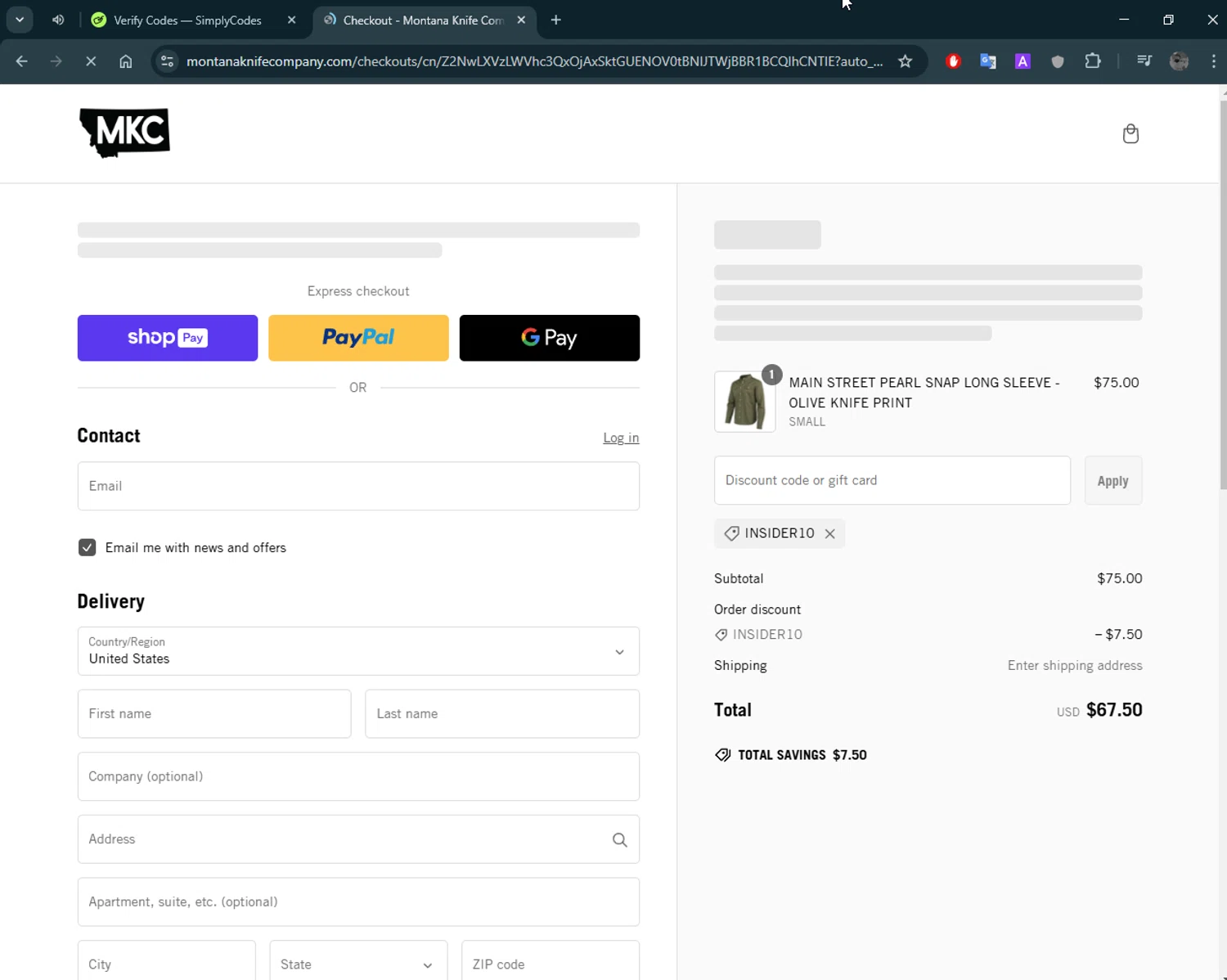 Montana Knife Company discount code screenshot showing code INSIDER10 applied at Montana Knife Company checkout page. Uploaded by SimplyCodes community member tony2702 on Feb 7, 2025