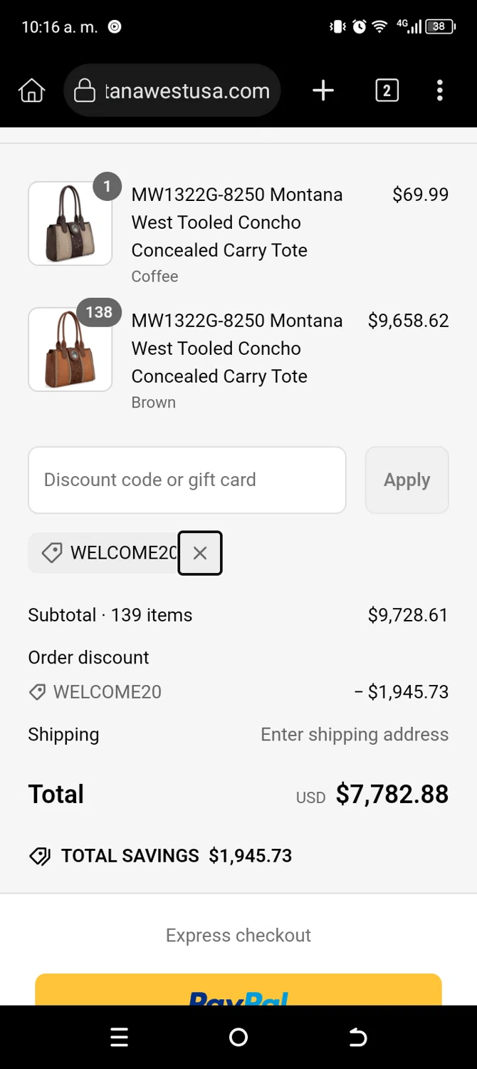 Montana West USA coupon code screenshot showing code WELCOME20 applied at Montana West USA checkout page. Uploaded by SimplyCodes community member Usuario_simply on Mar 7, 2025
