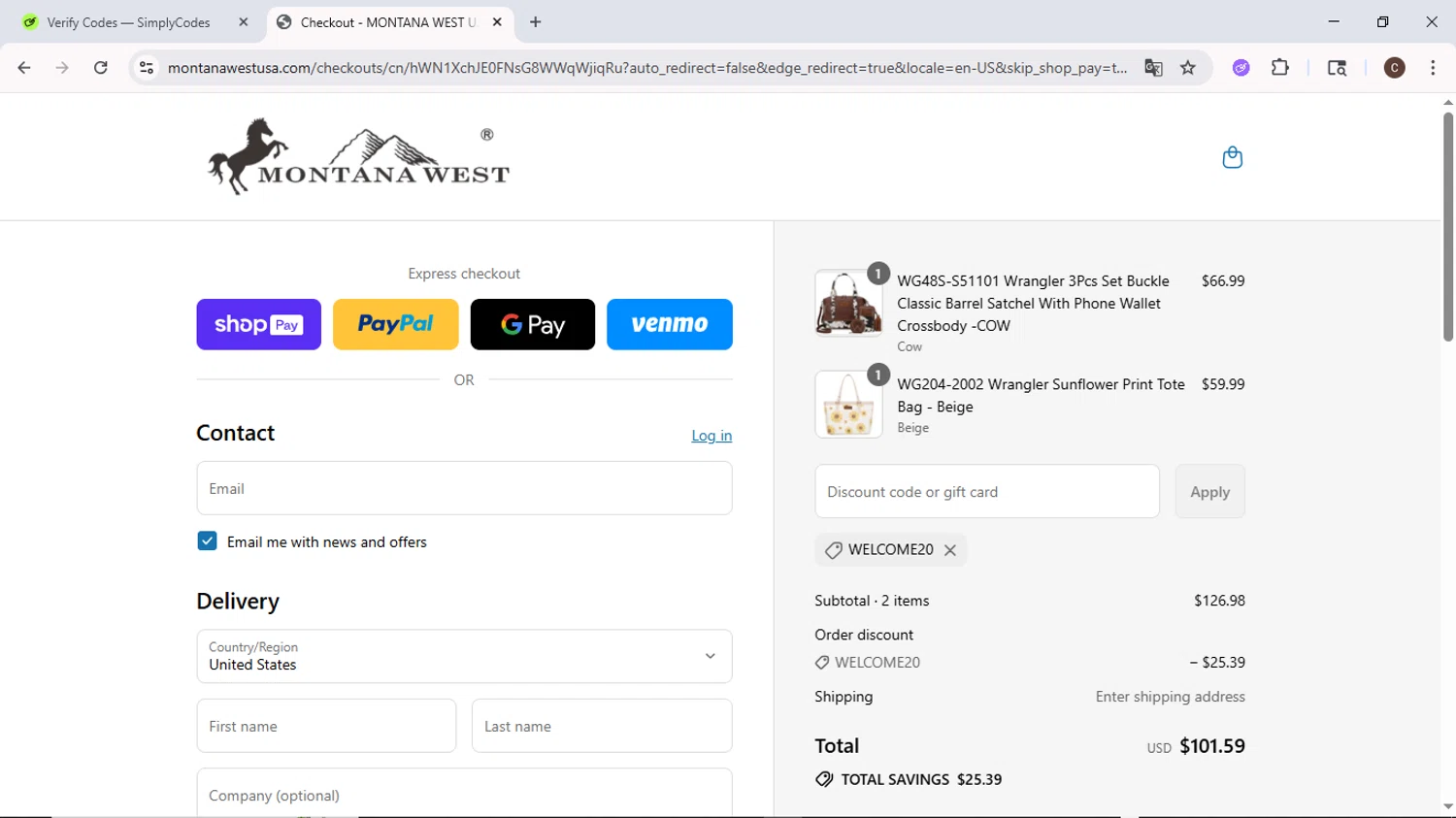 Montana West USA coupon code screenshot showing code WELCOME20 applied at Montana West USA checkout page. Uploaded by SimplyCodes community member MoneyPilot9634 on Aug 9, 2025