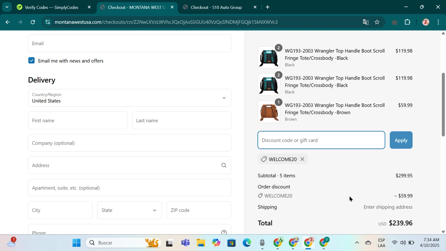 Montana West USA coupon code screenshot showing code WELCOME20 applied at Montana West USA checkout page. Uploaded by SimplyCodes community member jenifer on Apr 10, 2025