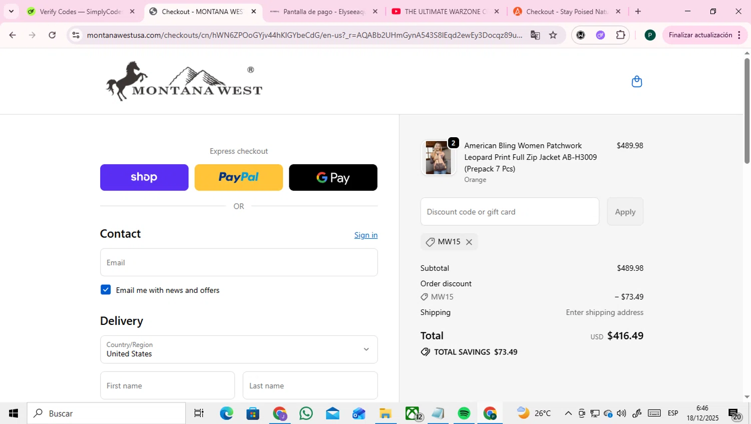 Montana West USA coupon code screenshot showing code MW15 applied at Montana West USA checkout page. Uploaded by SimplyCodes community member ENCARAMESSI on Dec 18, 2025