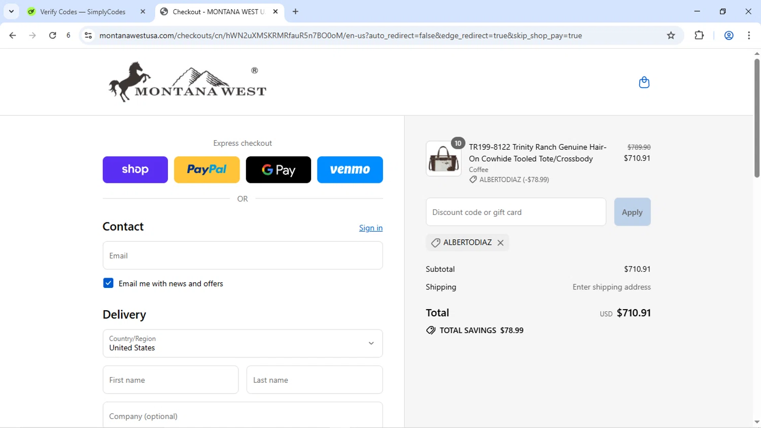 Montana West USA coupon code screenshot showing code ALBERTODIAZ applied at Montana West USA checkout page. Uploaded by SimplyCodes community member Livingston on Sep 13, 2025