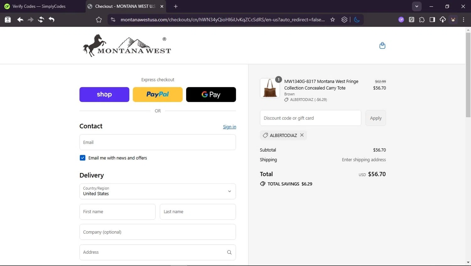 Montana West USA coupon code screenshot showing code ALBERTODIAZ applied at Montana West USA checkout page. Uploaded by SimplyCodes community member Userr2 on Sep 17, 2025