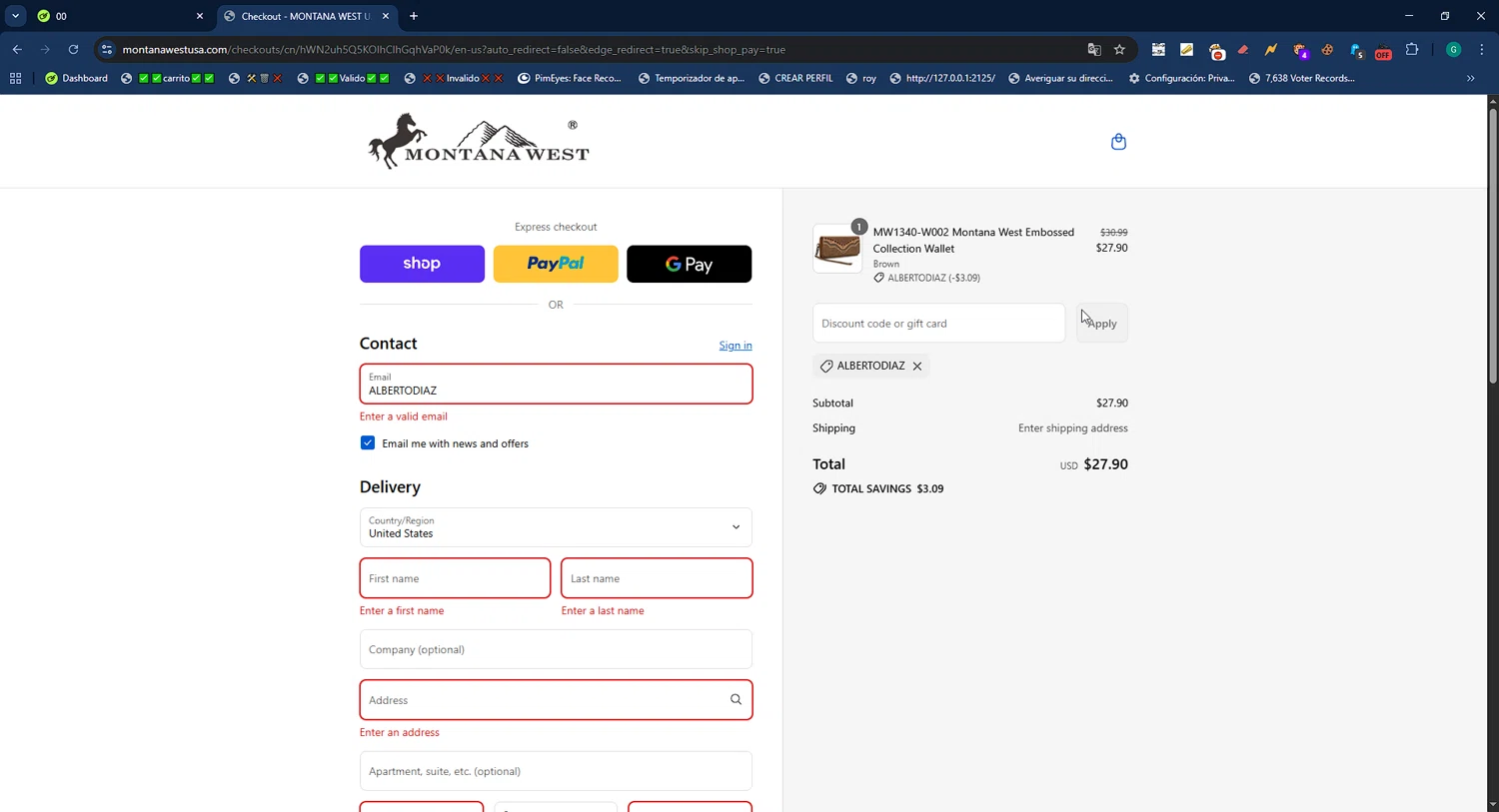 Montana West USA coupon code screenshot showing code ALBERTODIAZ applied at Montana West USA checkout page. Uploaded by SimplyCodes community member WiseMaestro7997 on Sep 13, 2025