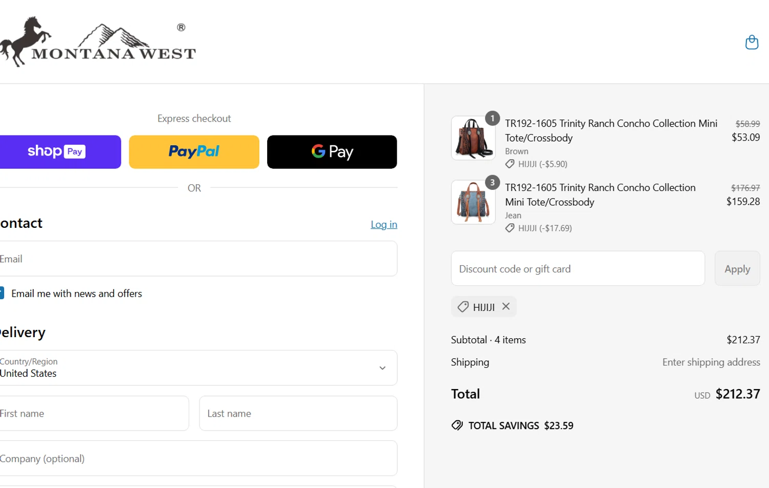 Montana West USA coupon code screenshot showing code HIJIJI applied at Montana West USA checkout page. Uploaded by SimplyCodes community member TULA515 on May 29, 2025