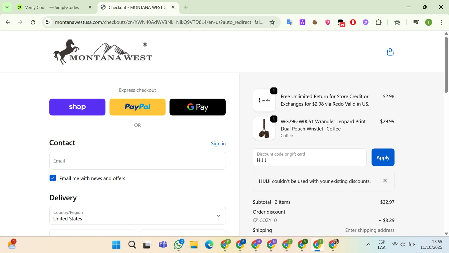 Montana West USA coupon code screenshot showing code HIJIJI applied at Montana West USA checkout page. Uploaded by SimplyCodes community member WonderHunter255 on Oct 11, 2025