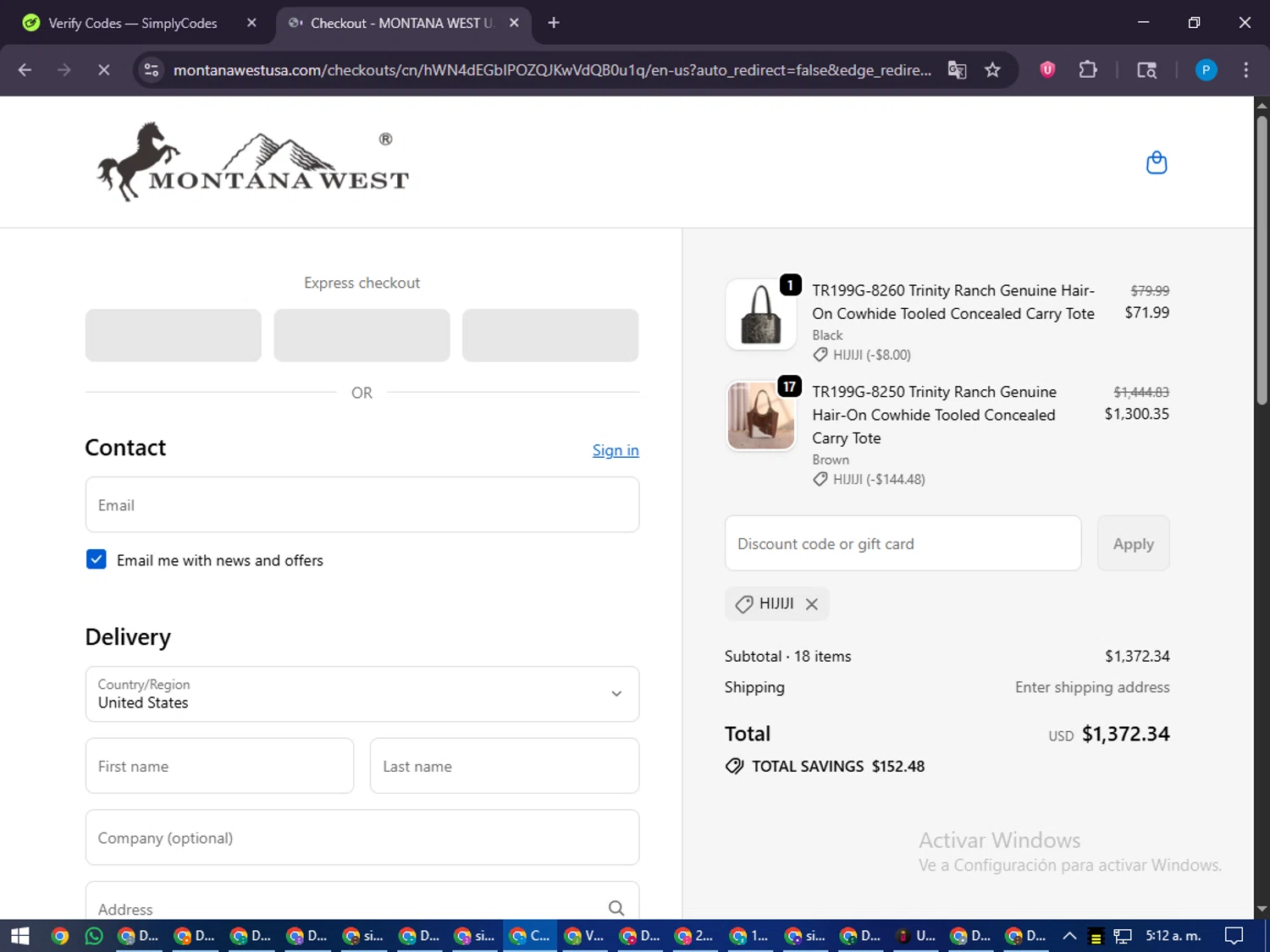 Montana West USA coupon code screenshot showing code HIJIJI applied at Montana West USA checkout page. Uploaded by SimplyCodes community member juiceWRLD on Oct 28, 2025