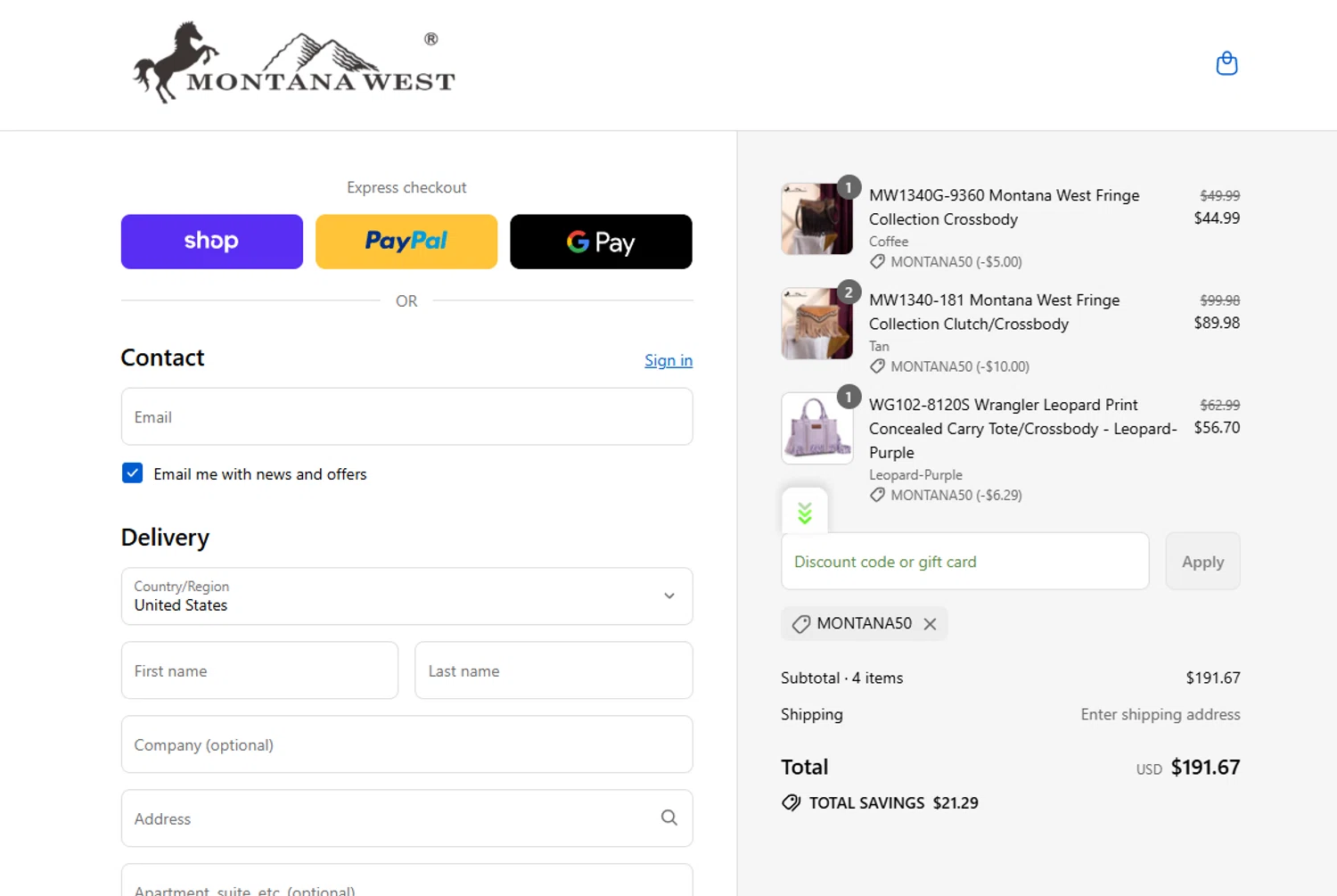 Montana West USA coupon code screenshot showing code MONTANA50 applied at Montana West USA checkout page. Uploaded by SimplyCodes community member Jesusreyes27 on Sep 13, 2025