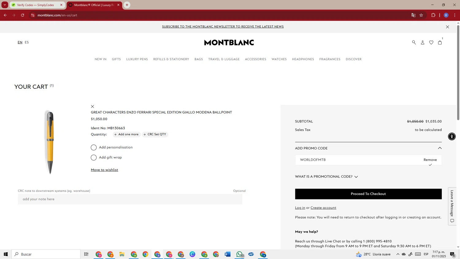 Montblanc promo code screenshot showing code WORLDOFMTB applied at Montblanc checkout page. Uploaded by SimplyCodes community member TokenSentinel5304 on Nov 1, 2025
