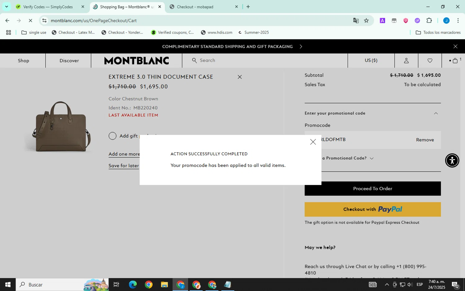 Montblanc promo code screenshot showing code WORLDOFMTB applied at Montblanc checkout page. Uploaded by SimplyCodes community member Xemocodes on Jul 24, 2025