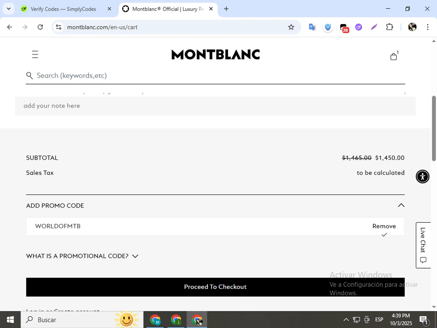 Montblanc promo code screenshot showing code WORLDOFMTB applied at Montblanc checkout page. Uploaded by SimplyCodes community member mariapolancog on Oct 3, 2025