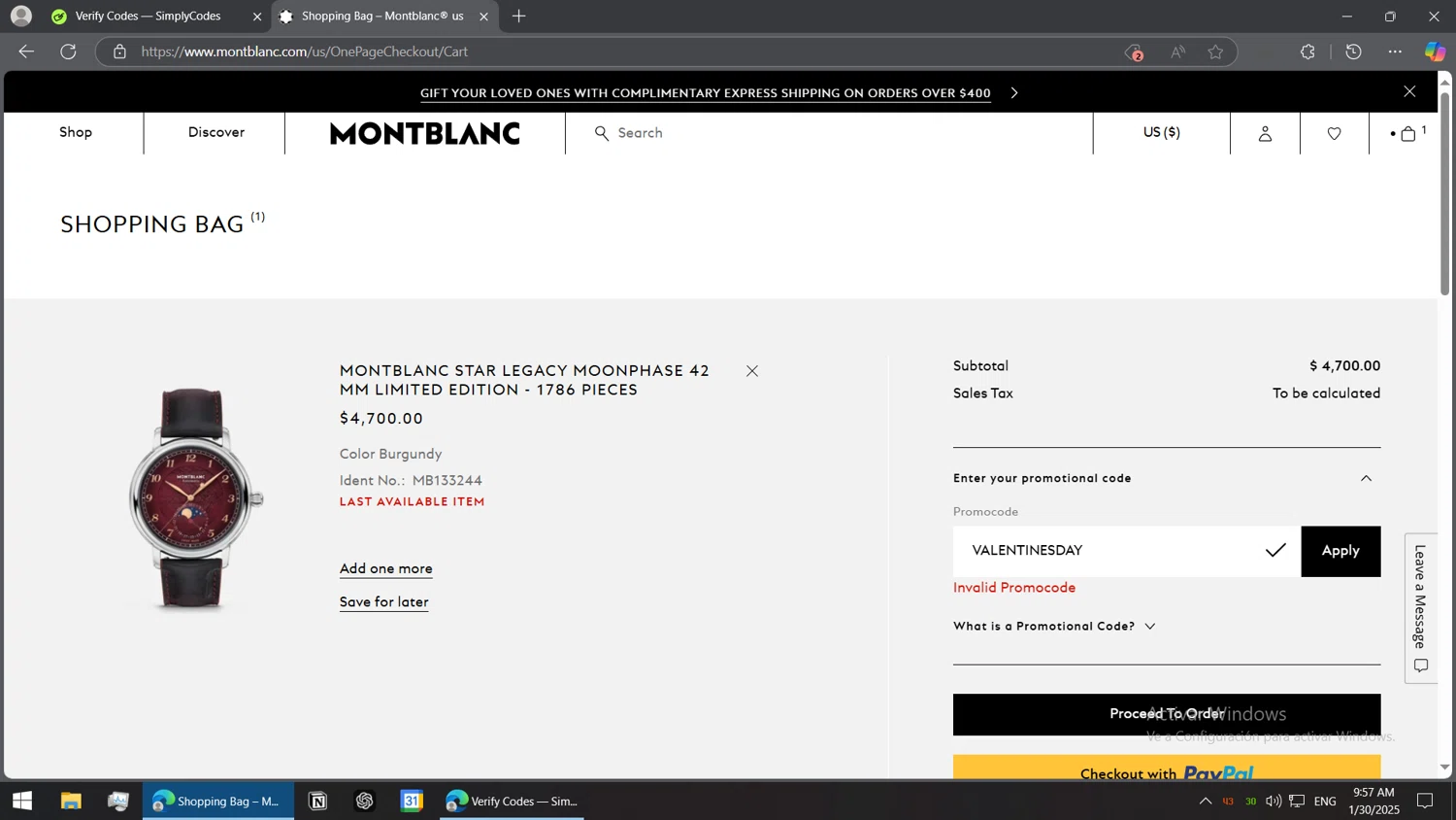 Montblanc promo code screenshot showing code VALENTINESDAY applied at Montblanc checkout page. Uploaded by SimplyCodes community member BorgeZzz on Jan 30, 2025