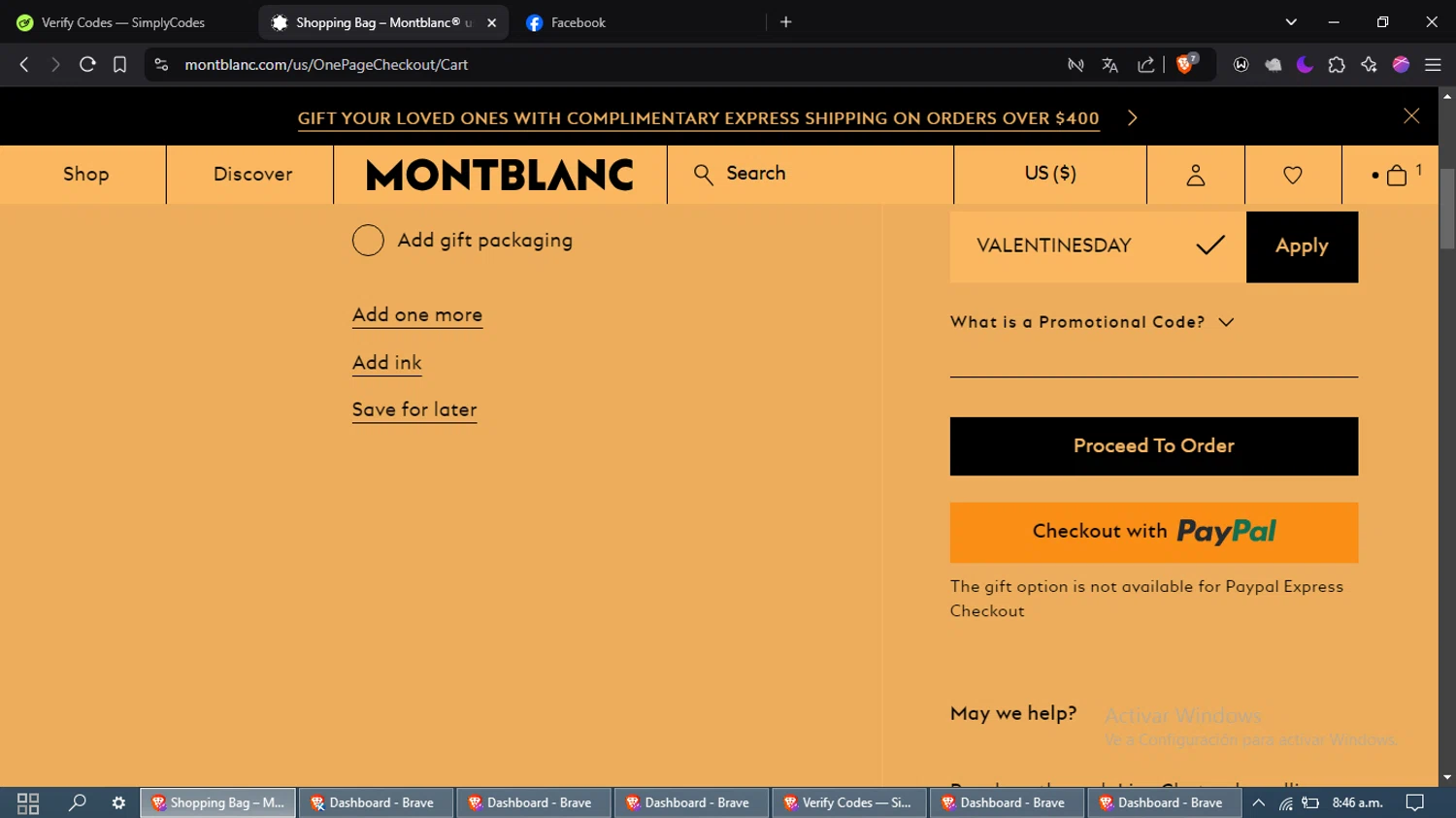 Montblanc promo code screenshot showing code VALENTINESDAY applied at Montblanc checkout page. Uploaded by SimplyCodes community member laleyjose on Jan 30, 2025