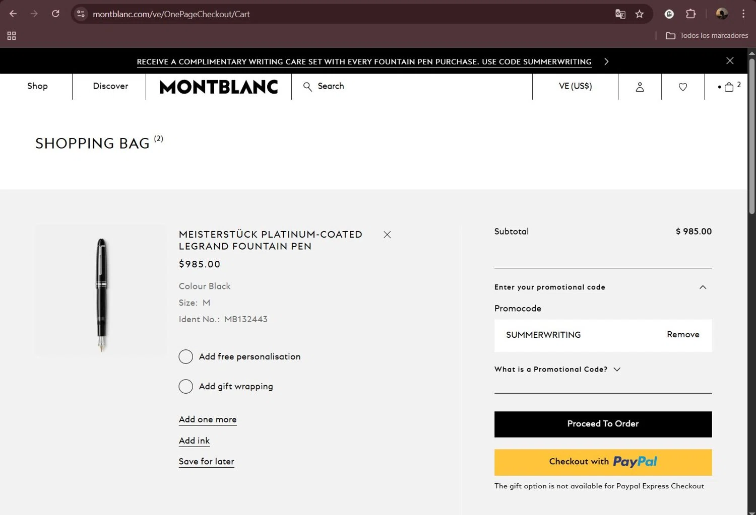 Montblanc promo code screenshot showing code SUMMERWRITING applied at Montblanc checkout page. Uploaded by SimplyCodes community member Milaya on Jul 29, 2025