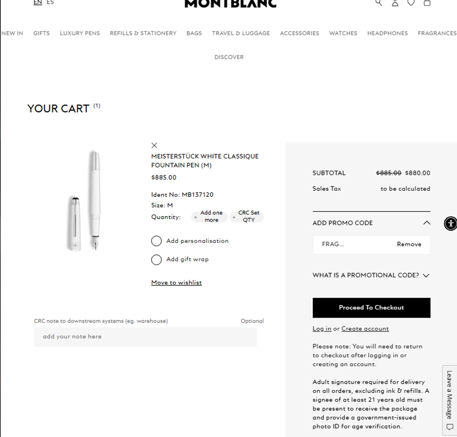 Montblanc promo code screenshot showing code FRAGRANCESMB applied at Montblanc checkout page. Uploaded by SimplyCodes community member OsbelSanchez23 on Nov 30, 2025