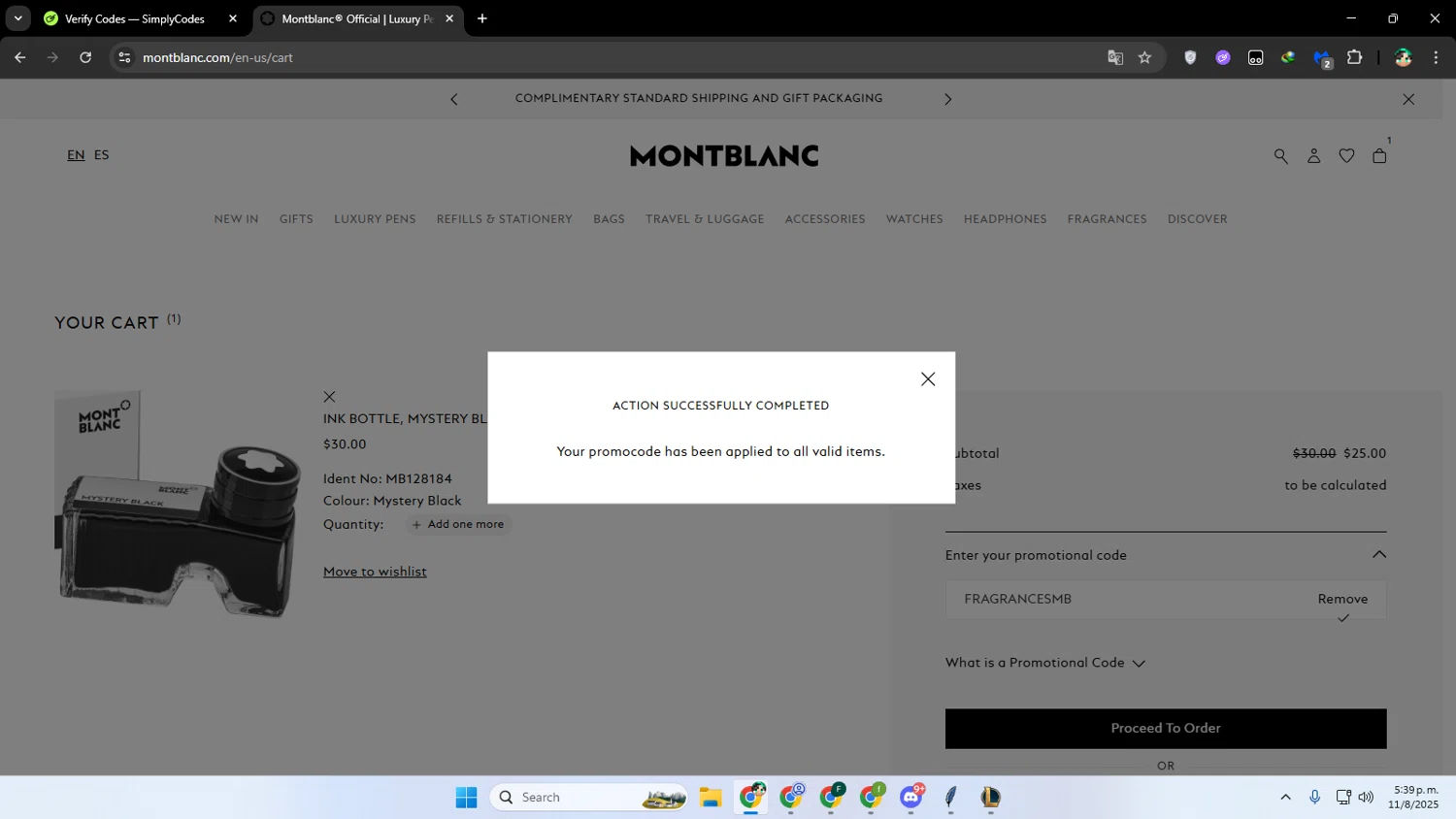 Montblanc promo code screenshot showing code FRAGRANCESMB applied at Montblanc checkout page. Uploaded by SimplyCodes community member franalepe on Aug 11, 2025