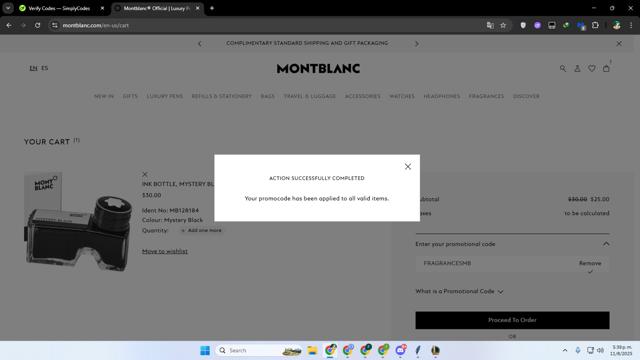 Montblanc checkout page showing Montblanc promo code box | Screenshot taken by SimplyCodes community member on Aug 11, 2025