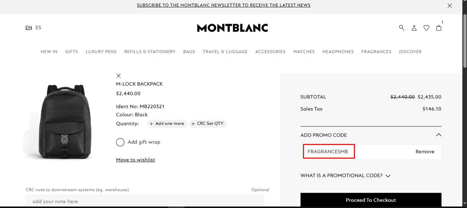 Montblanc promo code screenshot showing code FRAGRANCESMB applied at Montblanc checkout page. Uploaded by SimplyCodes community member noworries on Nov 1, 2025