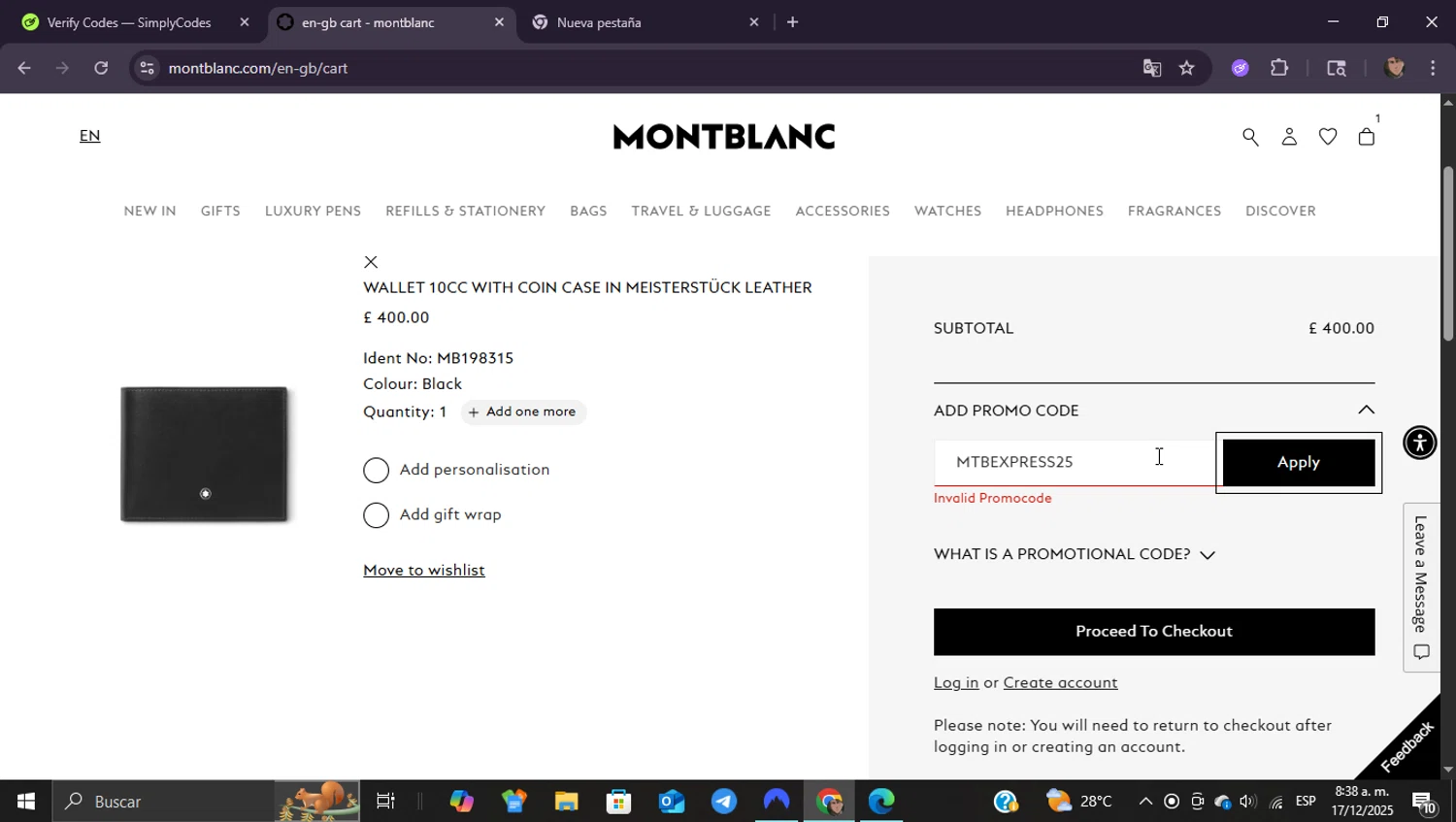 Montblanc promo code screenshot showing code MTBEXPRESS25 applied at Montblanc checkout page. Uploaded by SimplyCodes community member ShieldEagle9436 on Dec 17, 2025