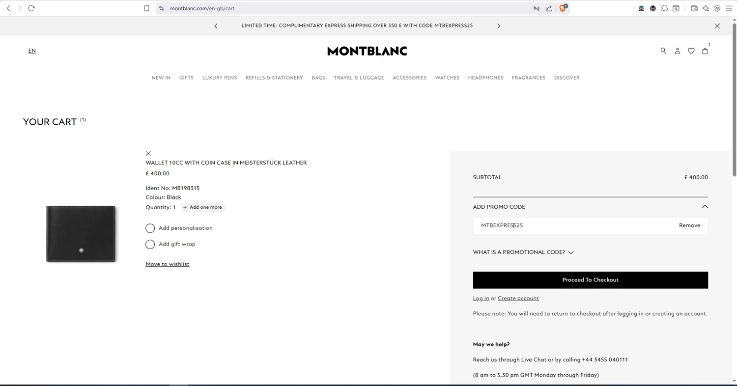Montblanc promo code screenshot showing code MTBEXPRESS25 applied at Montblanc checkout page. Uploaded by SimplyCodes community member dayselis15 on Nov 18, 2025