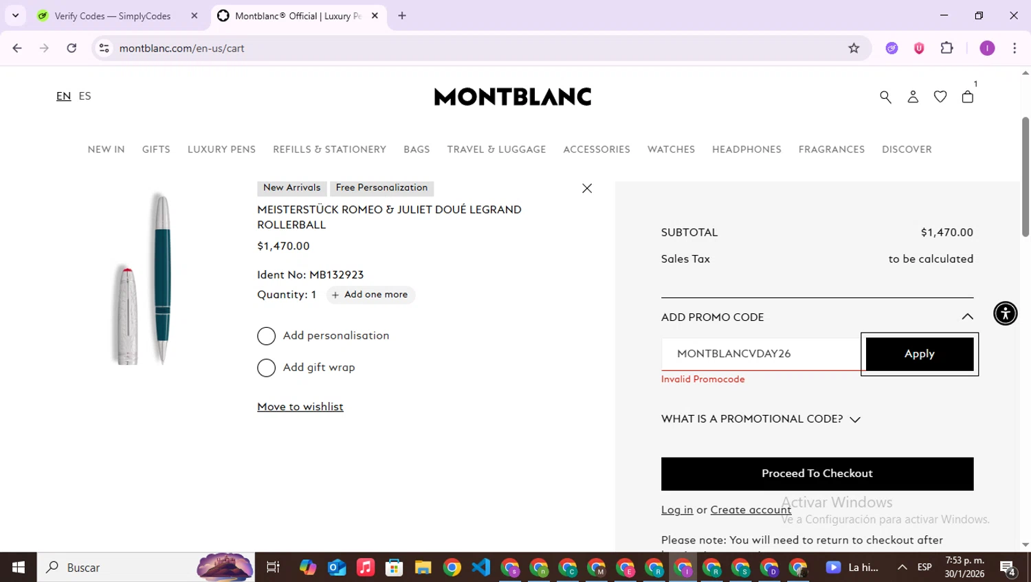 Montblanc promo code screenshot showing code MONTBLANCVDAY26 applied at Montblanc checkout page. Uploaded by SimplyCodes community member RebateAce6764 on Jan 30, 2026