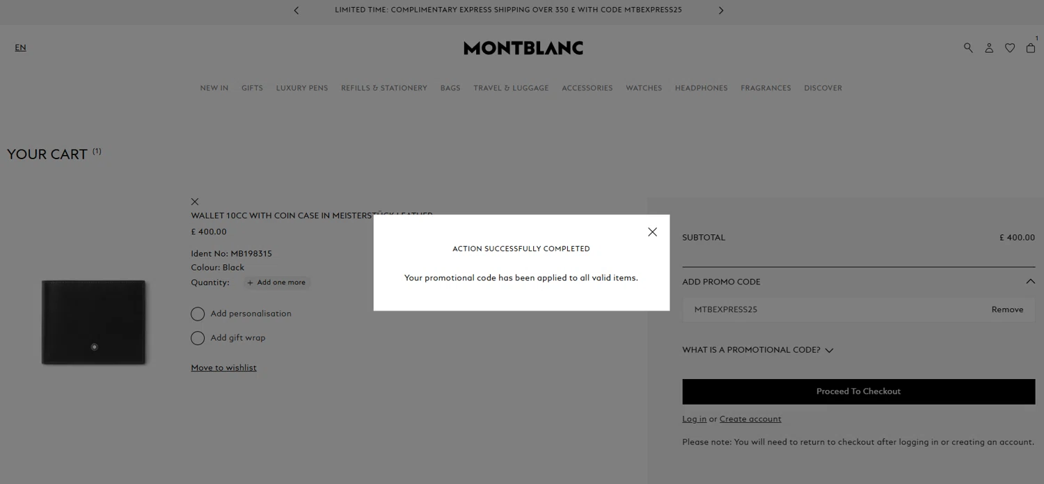 Montblanc promo code screenshot showing code MTBEXPRESS25 applied at Montblanc checkout page. Uploaded by SimplyCodes community member Dorothy on Nov 18, 2025