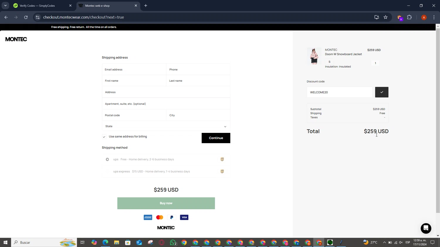 Montecwear checkout page showing Montecwear discount code box | Screenshot taken by SimplyCodes community member on Nov 17, 2024