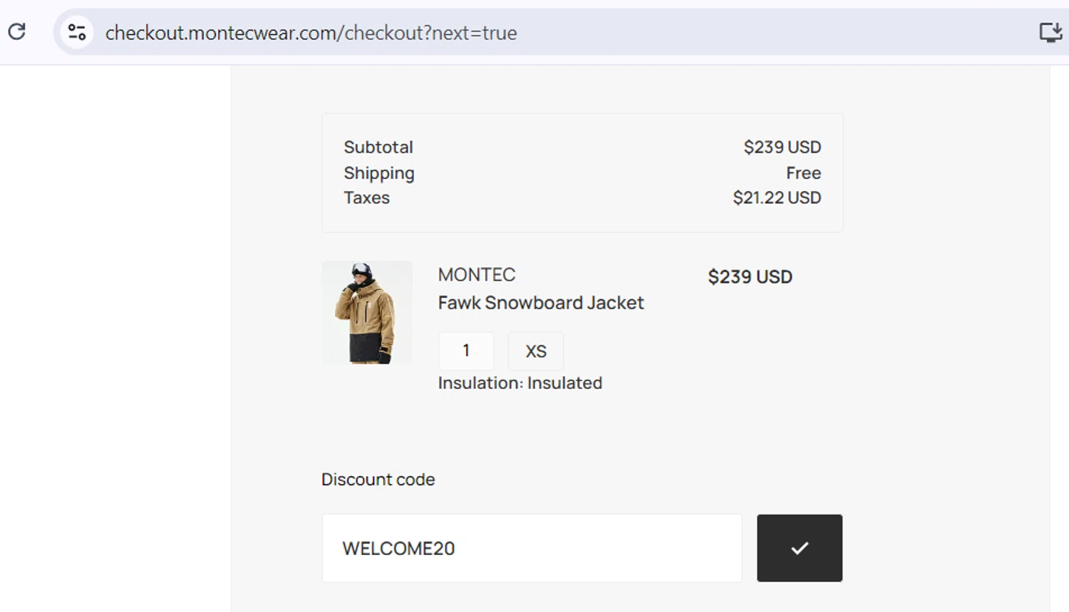 Montecwear checkout page showing Montecwear discount code box | Screenshot taken by SimplyCodes community member on Nov 11, 2024
