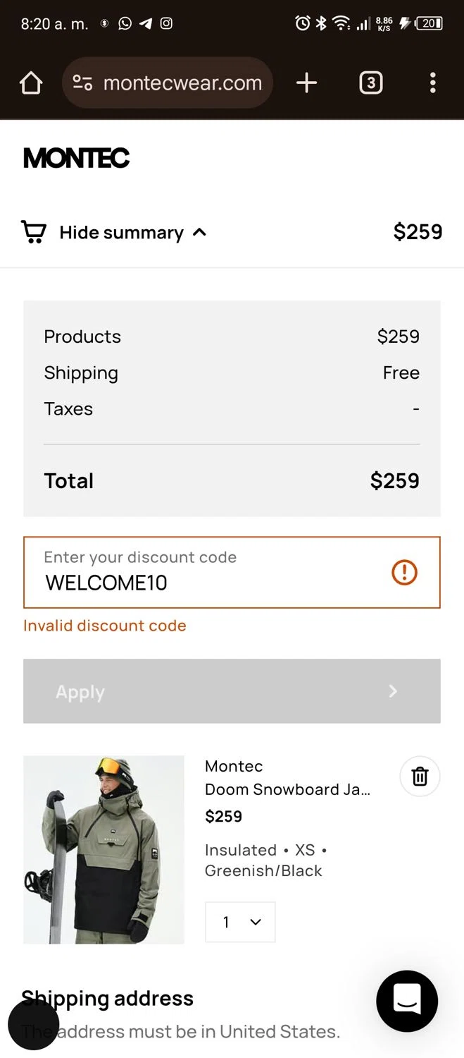 Montecwear discount code screenshot showing code WELCOME10 applied at Montecwear checkout page. Uploaded by SimplyCodes community member Dattebayo on Feb 3, 2025