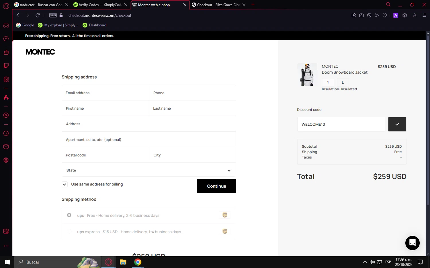 Montecwear checkout page showing Montecwear discount code box | Screenshot taken by SimplyCodes community member on Oct 23, 2024