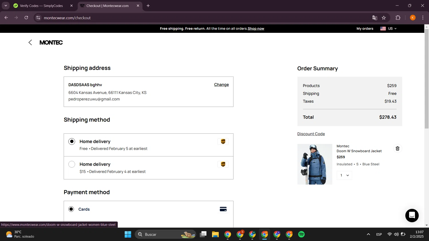Montecwear discount code screenshot showing code ship applied at Montecwear checkout page. Uploaded by SimplyCodes community member davidsalazar on Feb 2, 2025