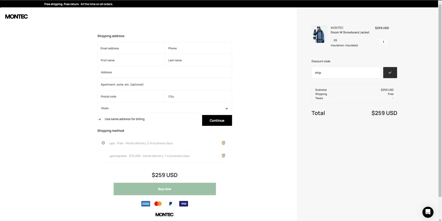 Montecwear checkout page showing Montecwear discount code box | Screenshot taken by SimplyCodes community member on Nov 25, 2024