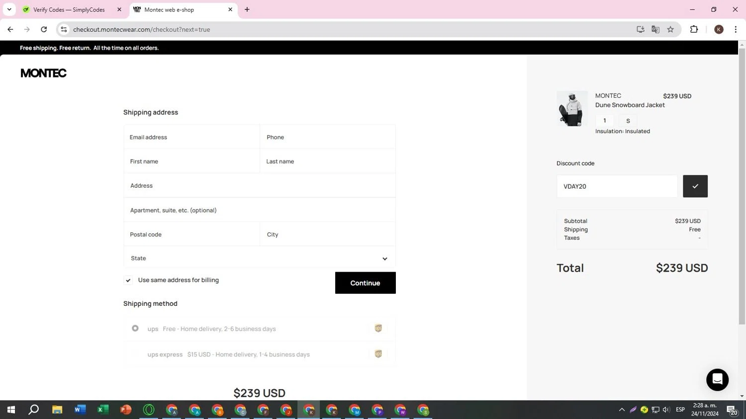 Montecwear checkout page showing Montecwear discount code box | Screenshot taken by SimplyCodes community member on Nov 24, 2024