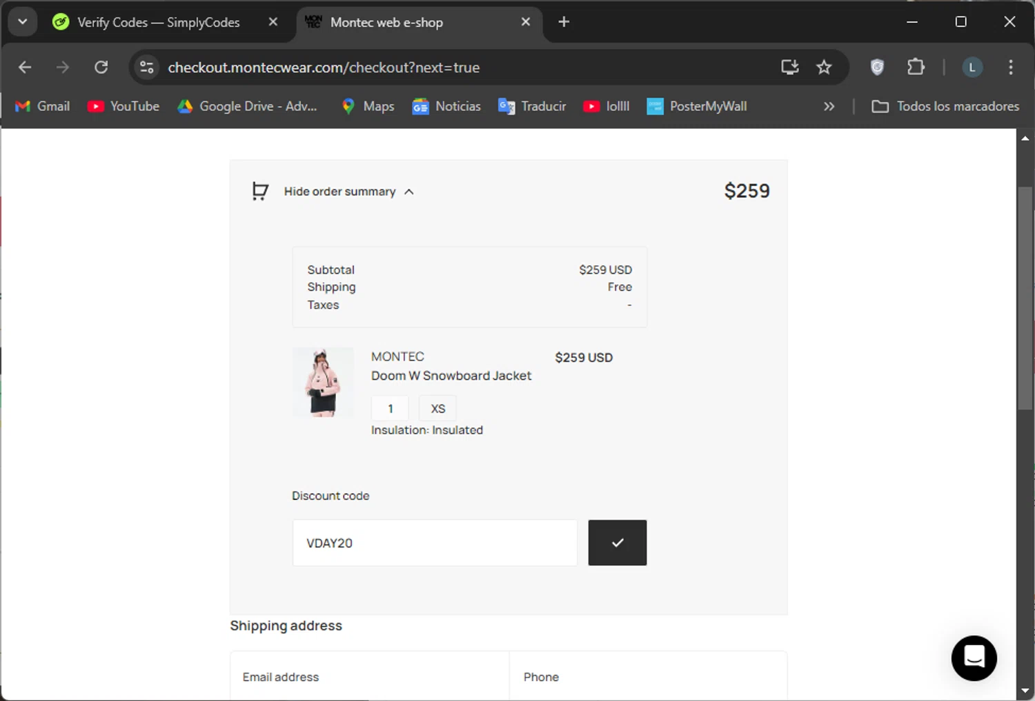 Montecwear checkout page showing Montecwear discount code box | Screenshot taken by SimplyCodes community member on Nov 23, 2024