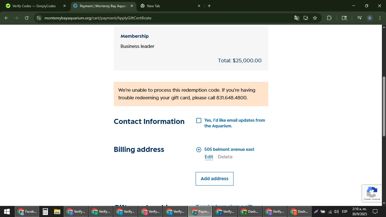Monterey Bay Aquarium promo code screenshot showing code ARN applied at Monterey Bay Aquarium checkout page. Uploaded by SimplyCodes community member gabinharris55 on Sep 30, 2025