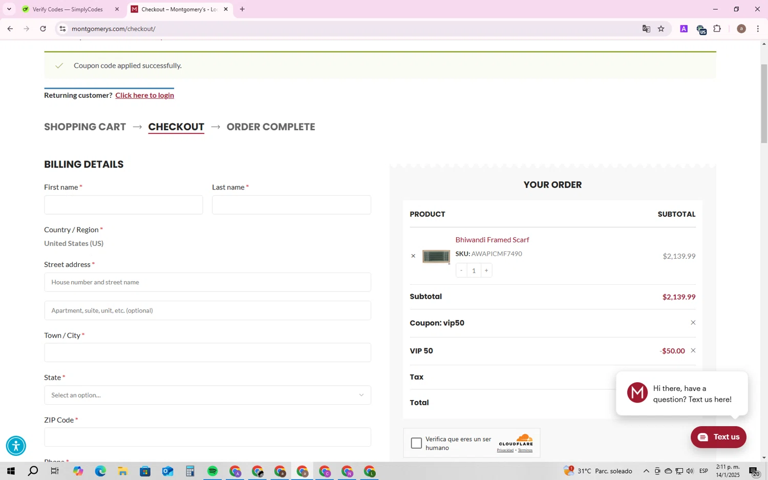Montgomery’s checkout page showing Montgomery’s promo code box | Screenshot taken by SimplyCodes community member on Jan 14, 2025