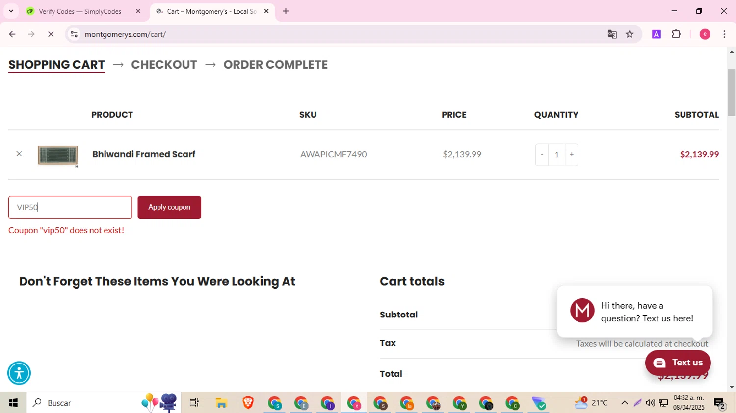 Montgomery’s promo code screenshot showing code VIP50 applied at Montgomery’s checkout page. Uploaded by SimplyCodes community member Haaland on Apr 8, 2025