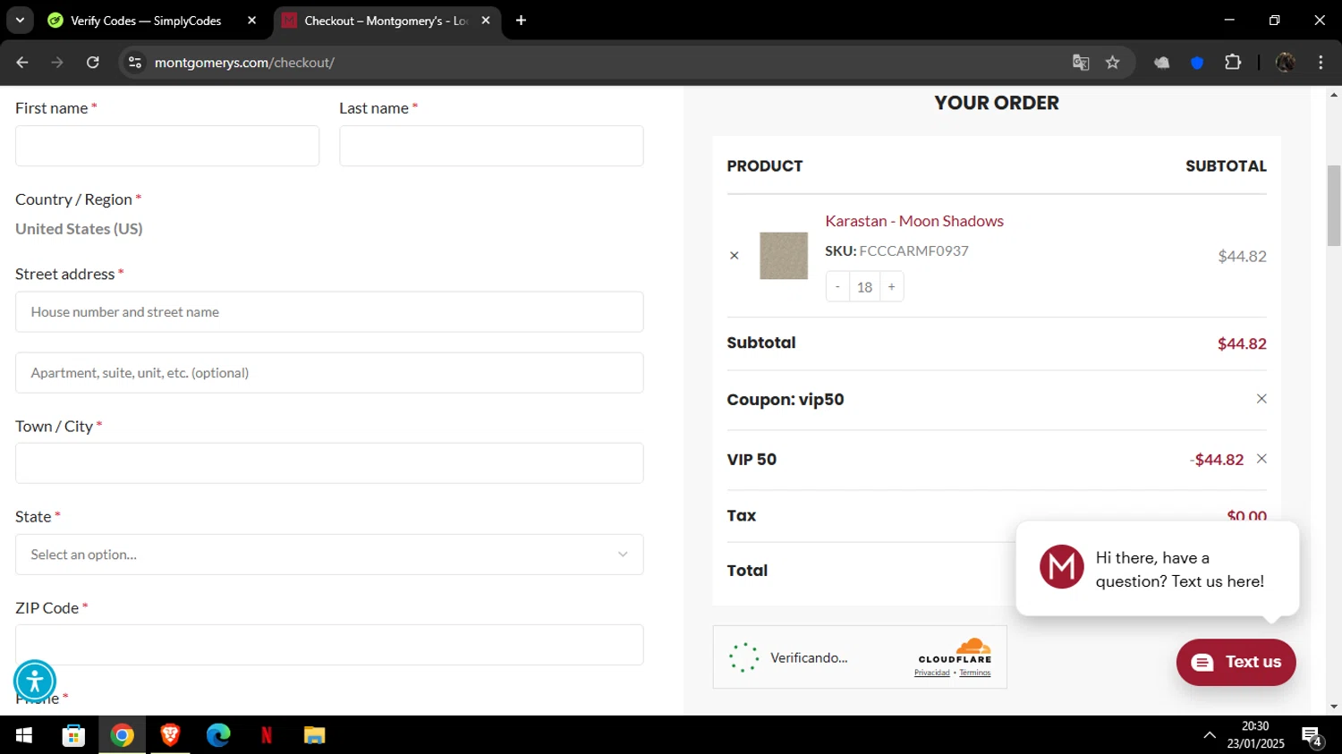 Montgomery’s checkout page showing Montgomery’s promo code box | Screenshot taken by SimplyCodes community member on Jan 24, 2025