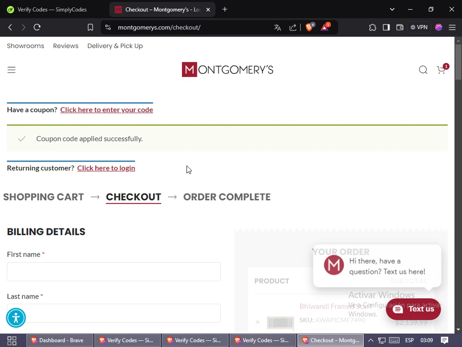 Montgomery’s checkout page showing Montgomery’s promo code box | Screenshot taken by SimplyCodes community member on Dec 20, 2024